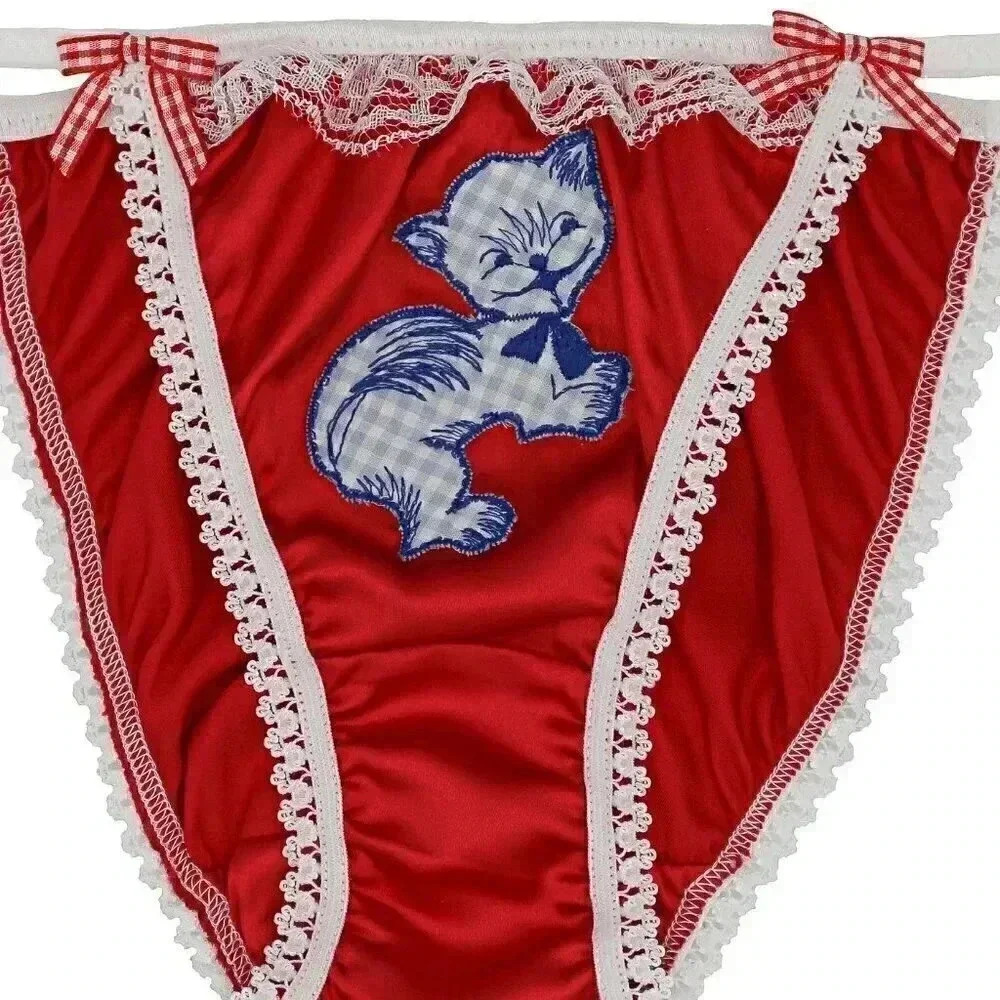 Reworked Red & Blue Kitty Gingham Bow Satin Briefs Size Small honeymoon lingerie - Picture 2 of 3